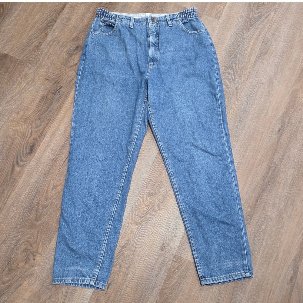 Vintage Lee High Waisted Mom Jeans Medium Wash Elastic Waist Made in USA 16 Med